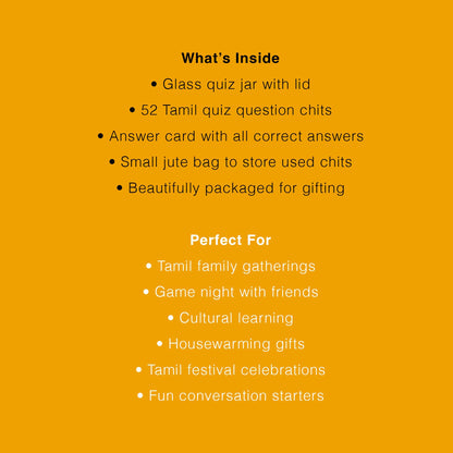 Product description of a glass quiz jar with Tamil quiz question chits on a yellow background.