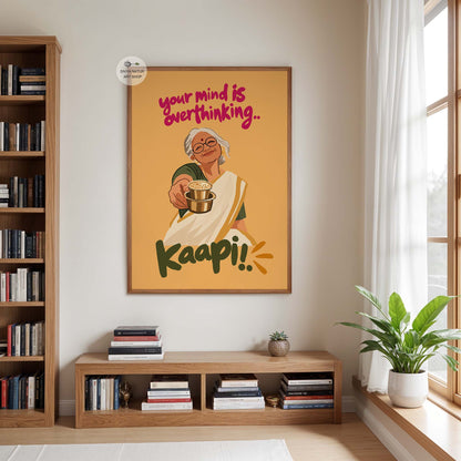Indian filter coffee painting style illustration of a smiling grandmother offering a steel tumbler of hot kaapi