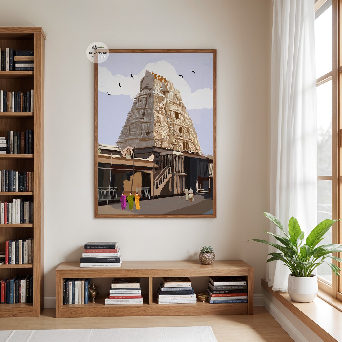 South Indian temple wall art showing devotees walking toward Kamakshi Temple in Kanchipuram