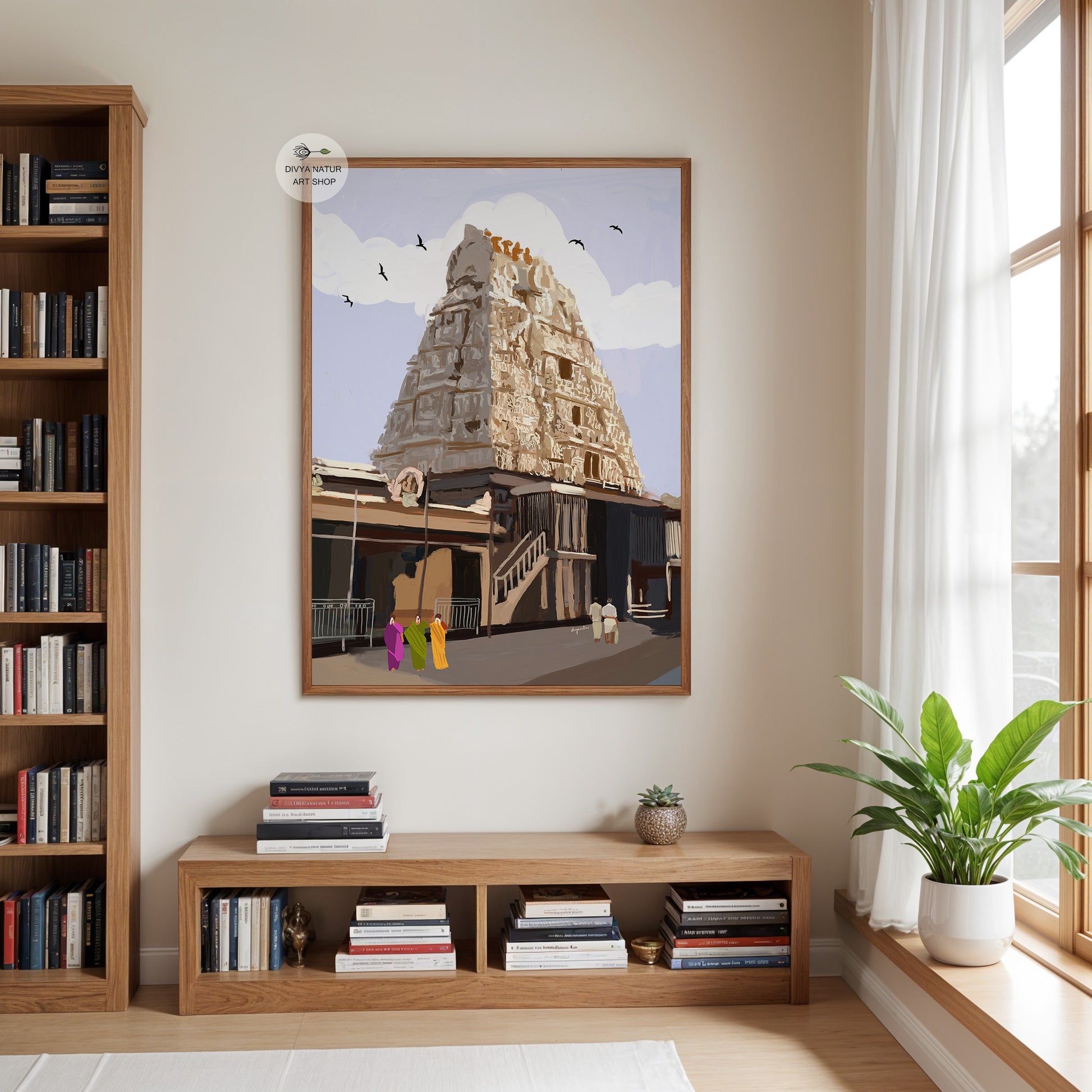 South Indian temple wall art showing devotees walking toward Kamakshi Temple in Kanchipuram