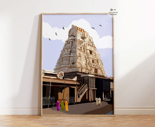 Hand illustrated Kamakshi Amman Temple painting featuring the iconic Kanchipuram temple gopuram