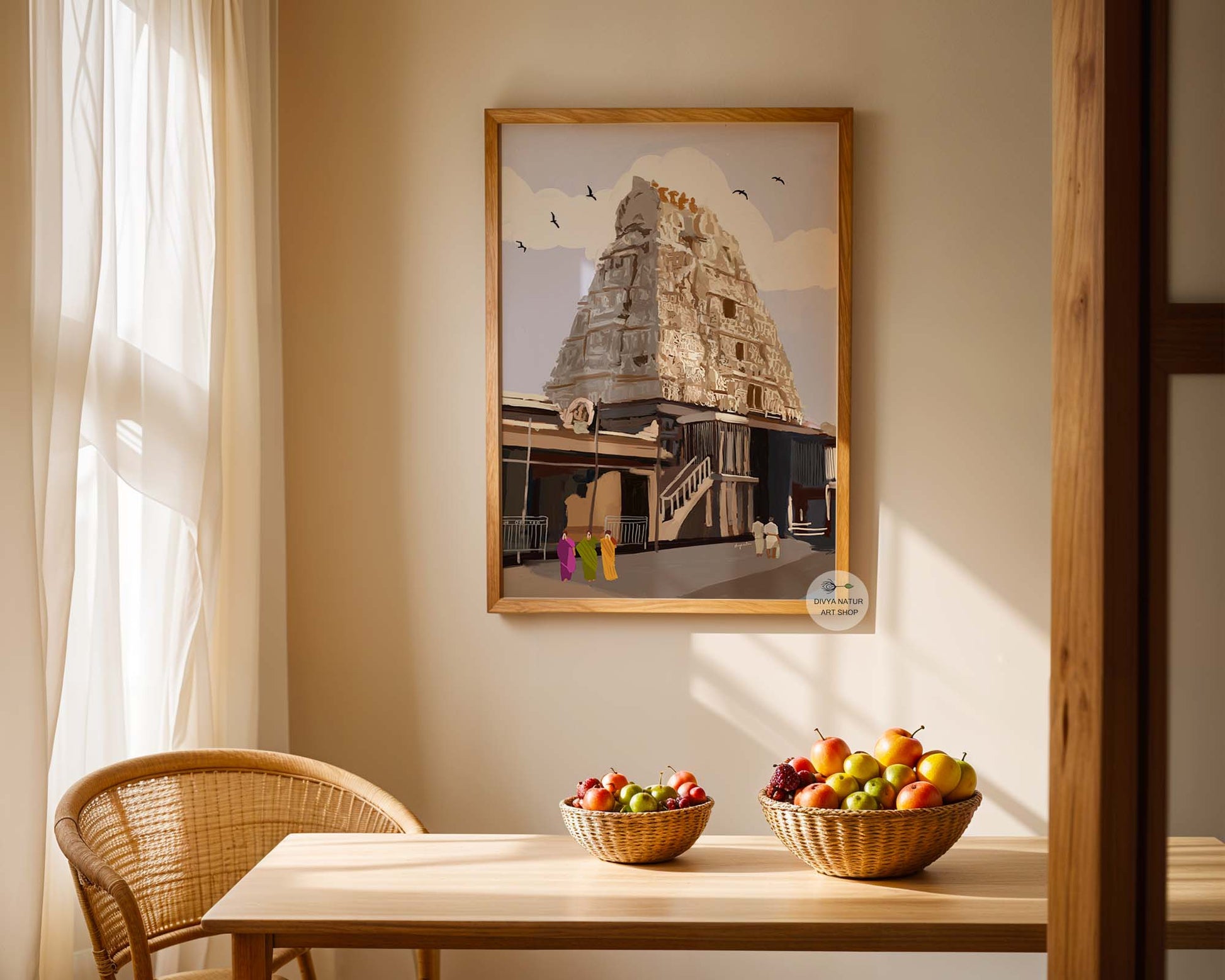 Kanchipuram temple artwork with soft neutral colors and traditional Tamil architecture