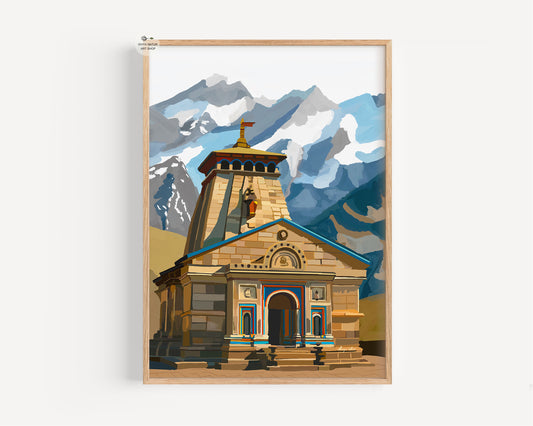 Hand-illustrated Kedarnath Temple art print set against Himalayan peaks
