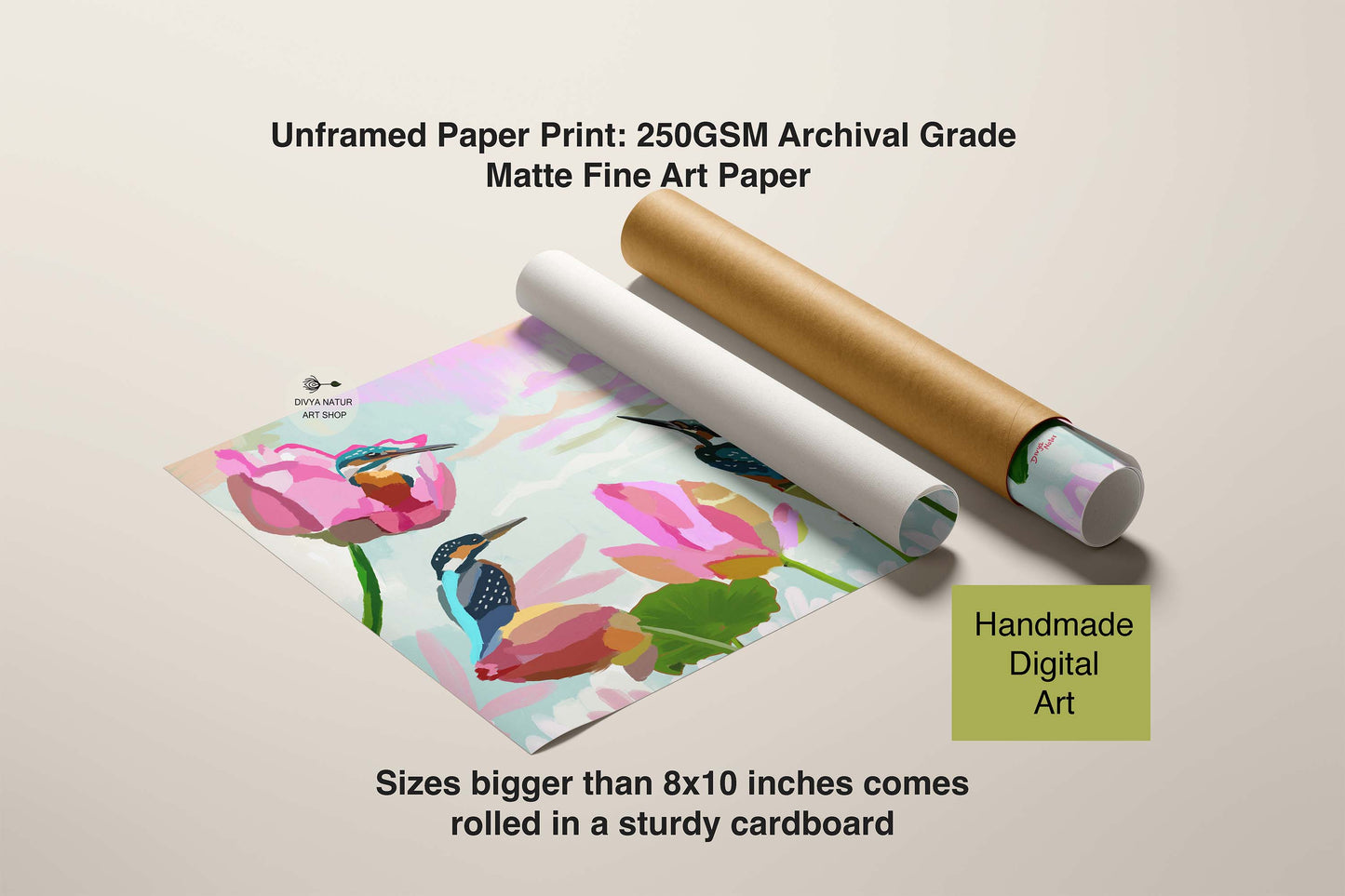 Unframed paper print with a floral design, rolled in a cardboard tube on a beige background.