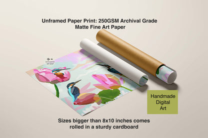 Unframed paper print with a floral design, rolled in a cardboard tube on a beige background.