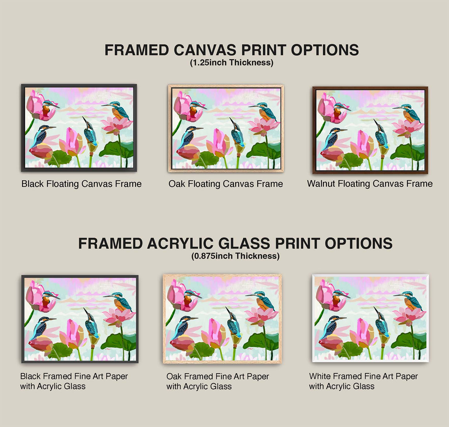 Comparison of framed canvas and acrylic glass print options with different frames on a gray background.