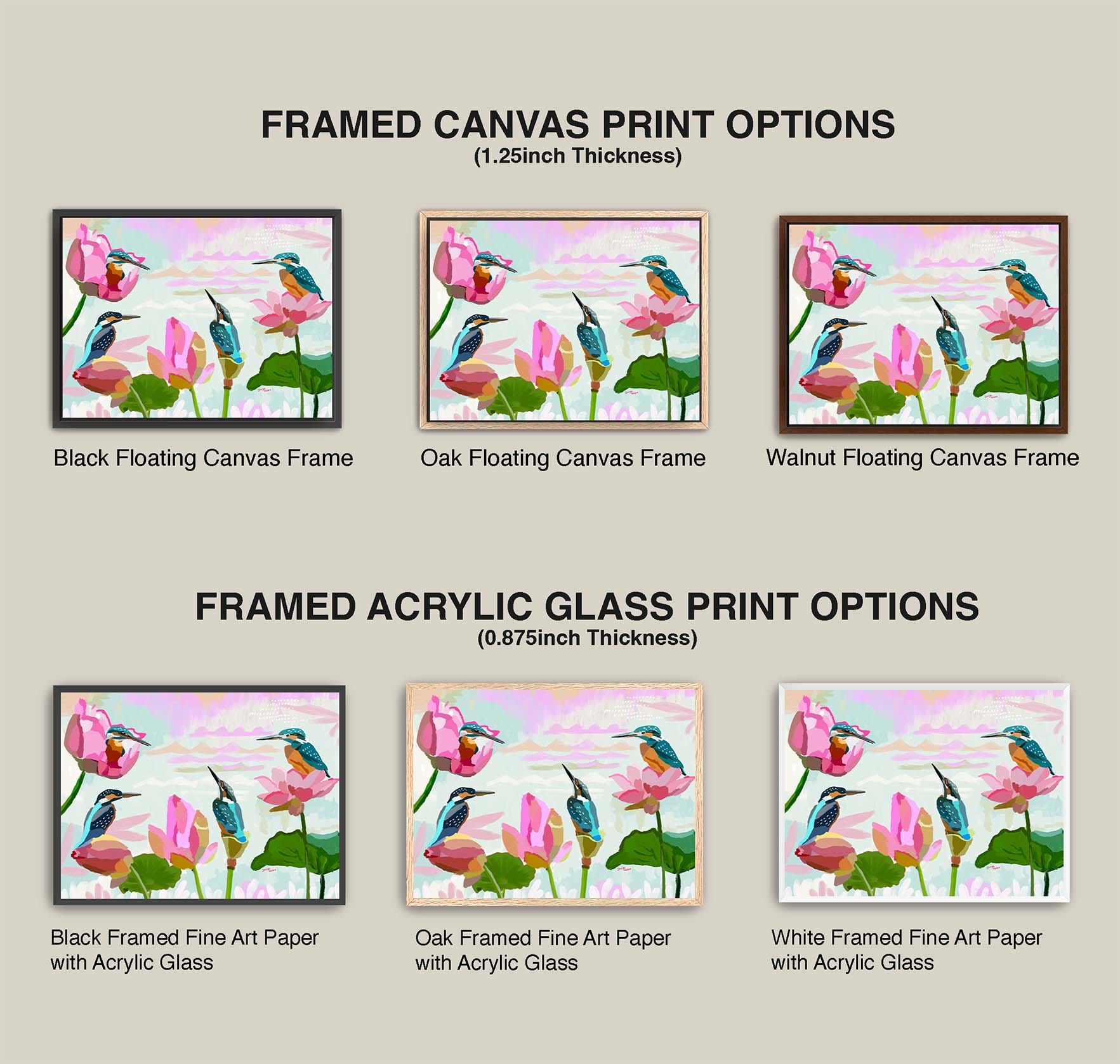 Comparison of framed canvas and acrylic glass print options with different frames on a gray background.