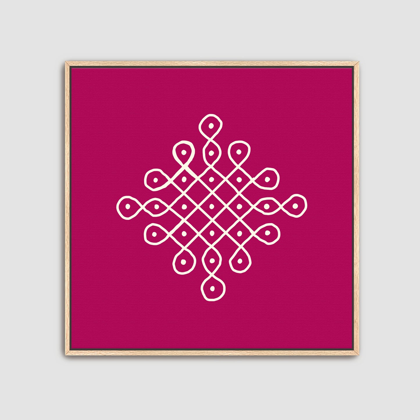 Indian rangoli wall art set with colorful geometric kolam designs in oak frames