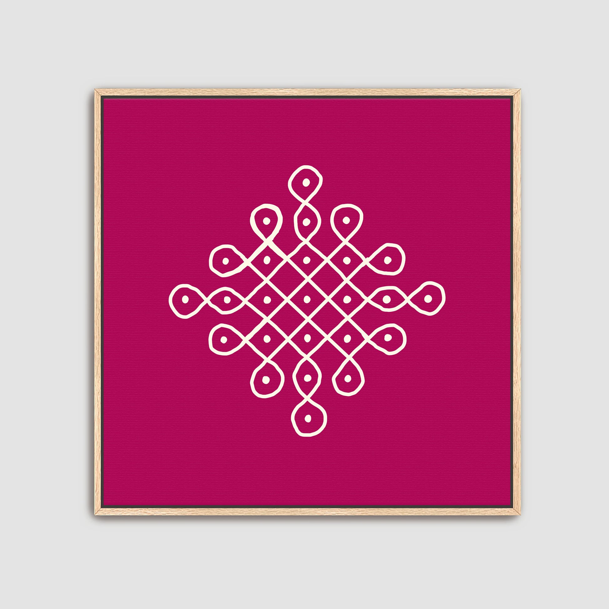 Indian rangoli wall art set with colorful geometric kolam designs in oak frames