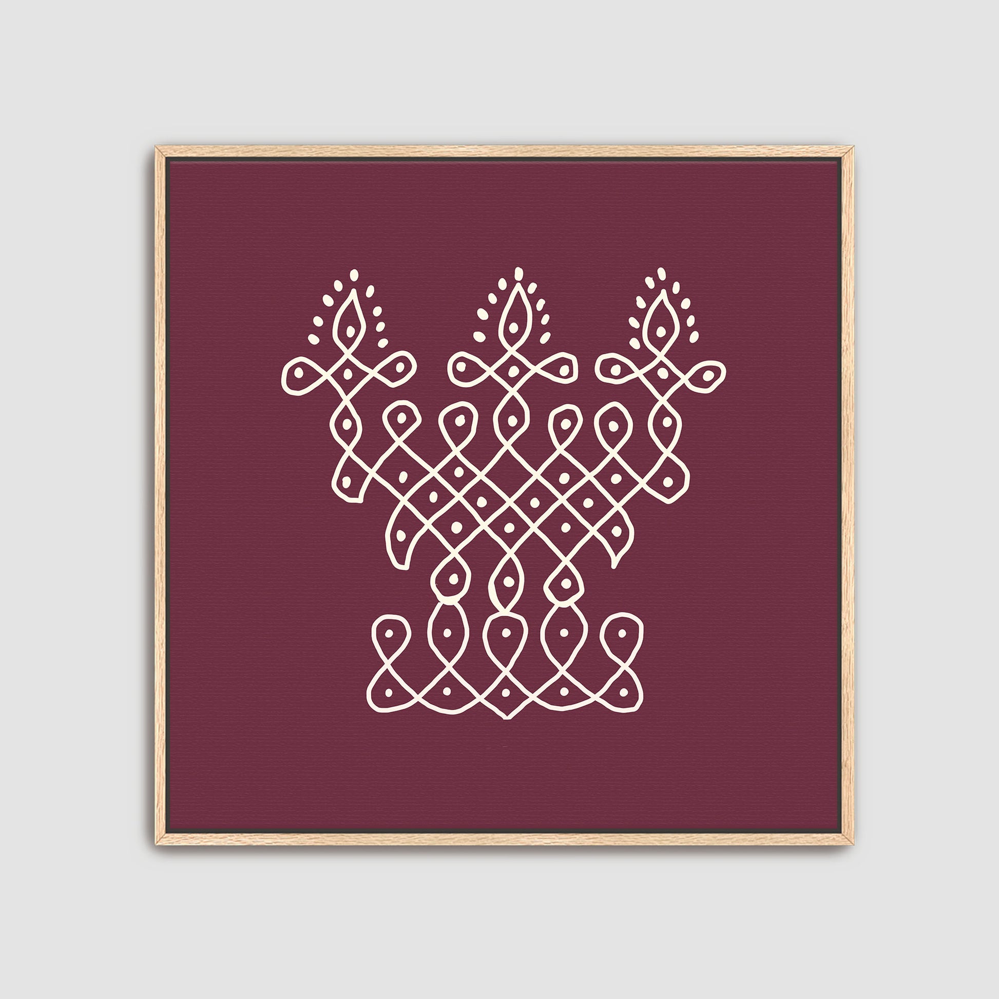Traditional kolam rangoli pattern wall art arranged as nine piece gallery wall decor