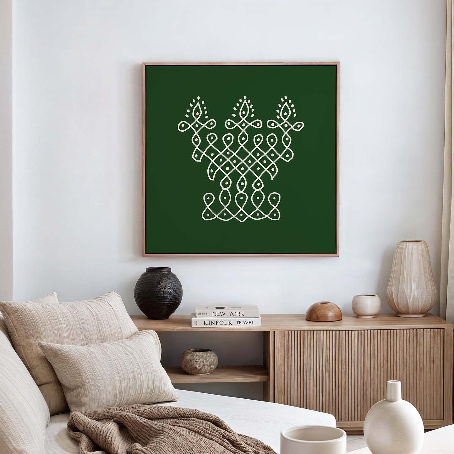 Indian sacred geometry wall art with lamp inspired kolam pattern and green background