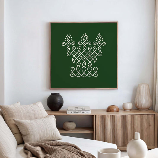 Indian sacred geometry wall art with lamp inspired kolam pattern and green background