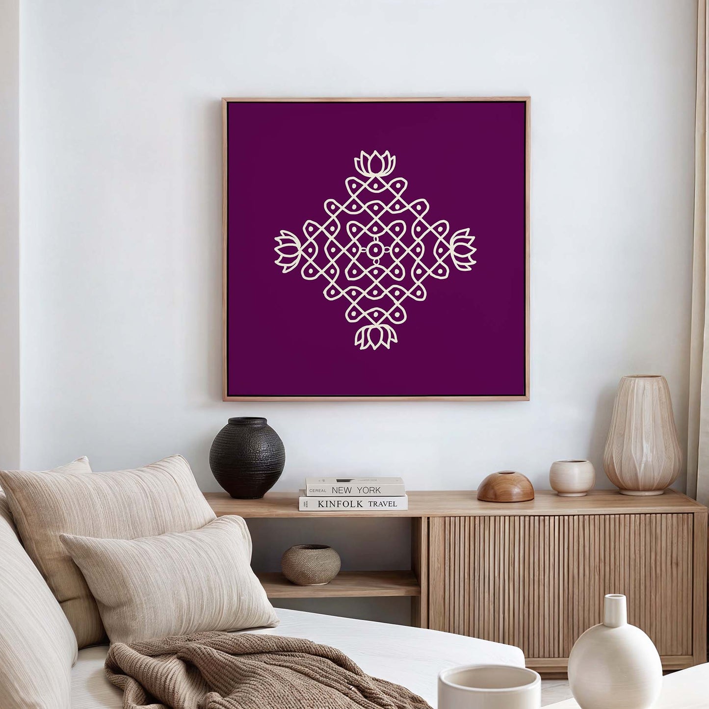 Minimal rangoli style lotus kolam illustration for modern interiors