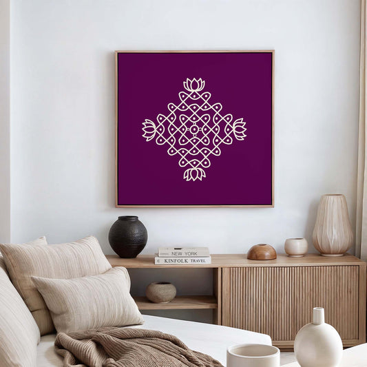 Minimal rangoli style lotus kolam illustration for modern interiors