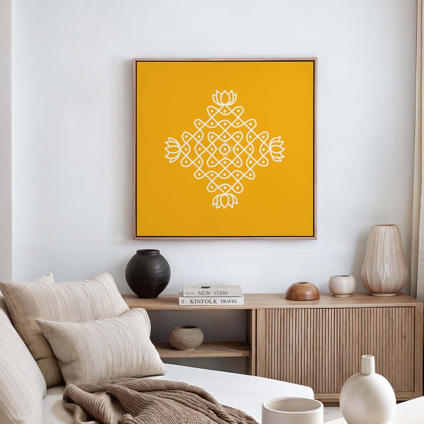 Indian cultural wall art featuring lotus inspired kolam pattern