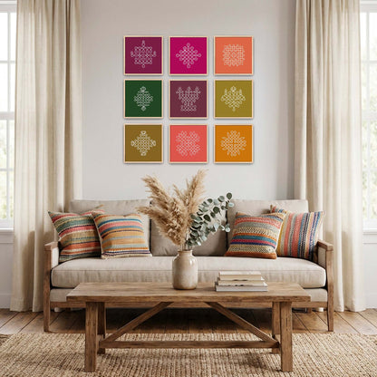South Indian kolam rangoli wall art set displayed as colorful geometric gallery wall decor