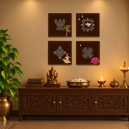 Traditional South Indian Kolam wall art set of four with intricate ivory line designs, banana tree, lotus flowers, jasmine and classical dancer.