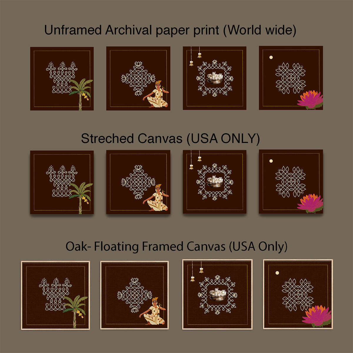 Set of four Indian Kolam canvas artworks featuring intricate cream-colored patterns on dark brown backgrounds with colorful cultural accents.