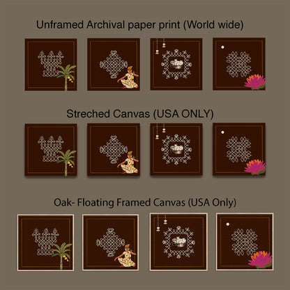 Set of four Indian Kolam canvas artworks featuring intricate cream-colored patterns on dark brown backgrounds with colorful cultural accents.