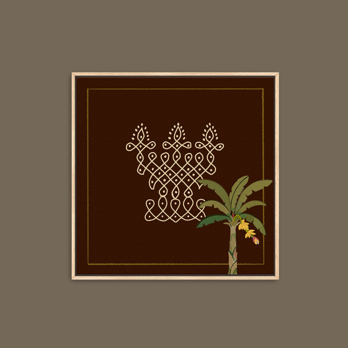 Set of four Tamil-inspired Kolam art prints with traditional geometric patterns displayed in light oak frames against earthy brown backgrounds.