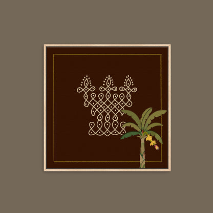Set of four Tamil-inspired Kolam art prints with traditional geometric patterns displayed in light oak frames against earthy brown backgrounds.