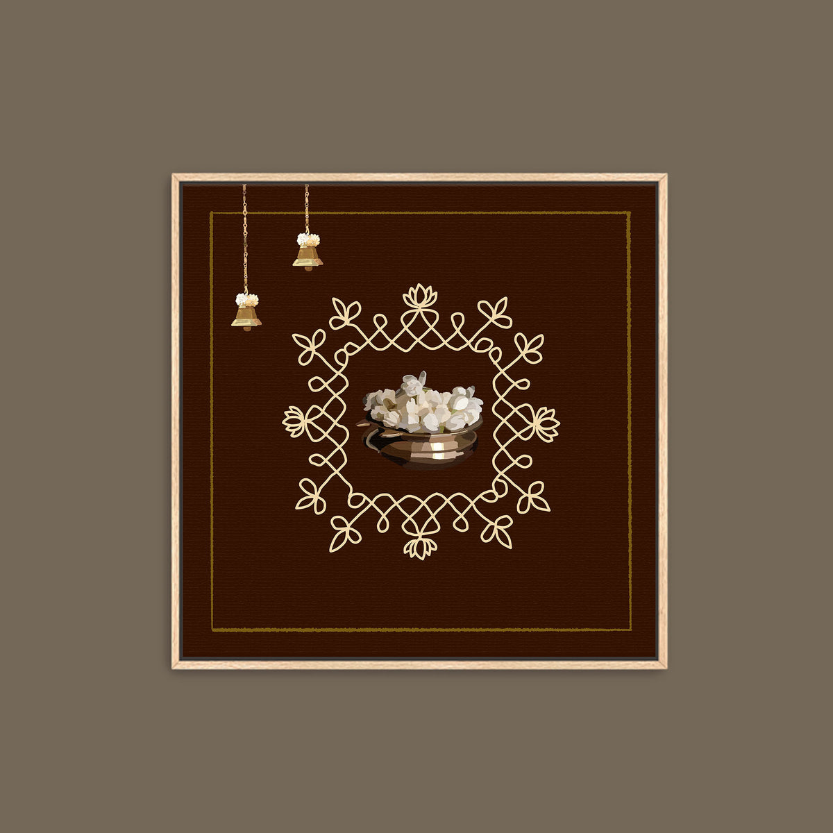 Indian cultural wall art set featuring four intricate Kolam designs paired with banana leaves, a classical dancer, jasmine flowers and lotus blooms.