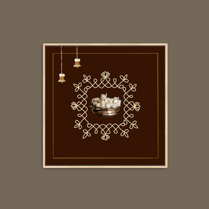 Indian cultural wall art set featuring four intricate Kolam designs paired with banana leaves, a classical dancer, jasmine flowers and lotus blooms.