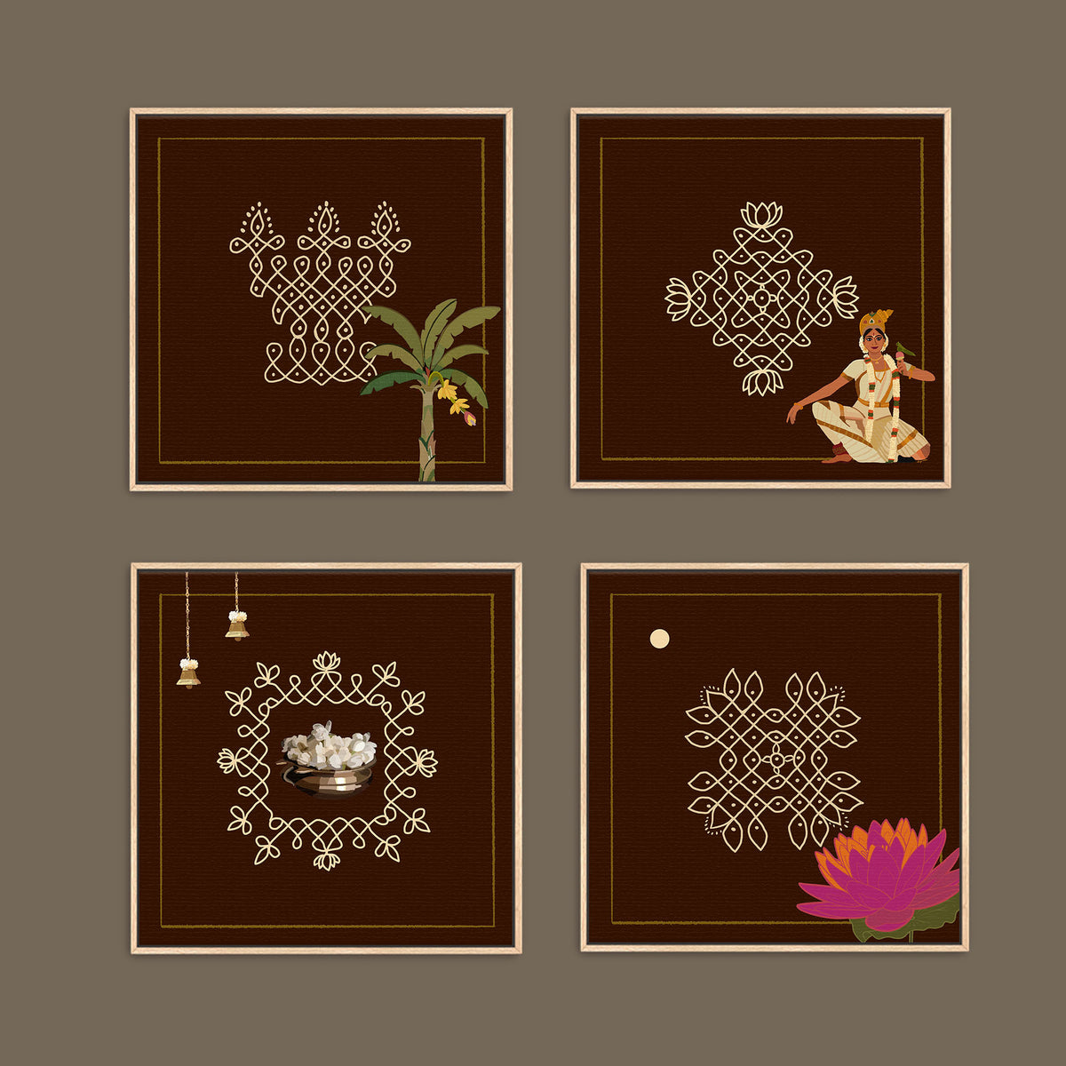Set of four Kolam wall art prints featuring traditional South Indian designs on rich brown backgrounds with cultural and botanical details.