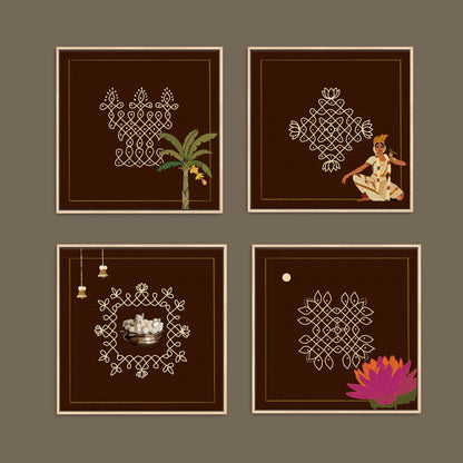 Set of four Kolam wall art prints featuring traditional South Indian designs on rich brown backgrounds with cultural and botanical details.