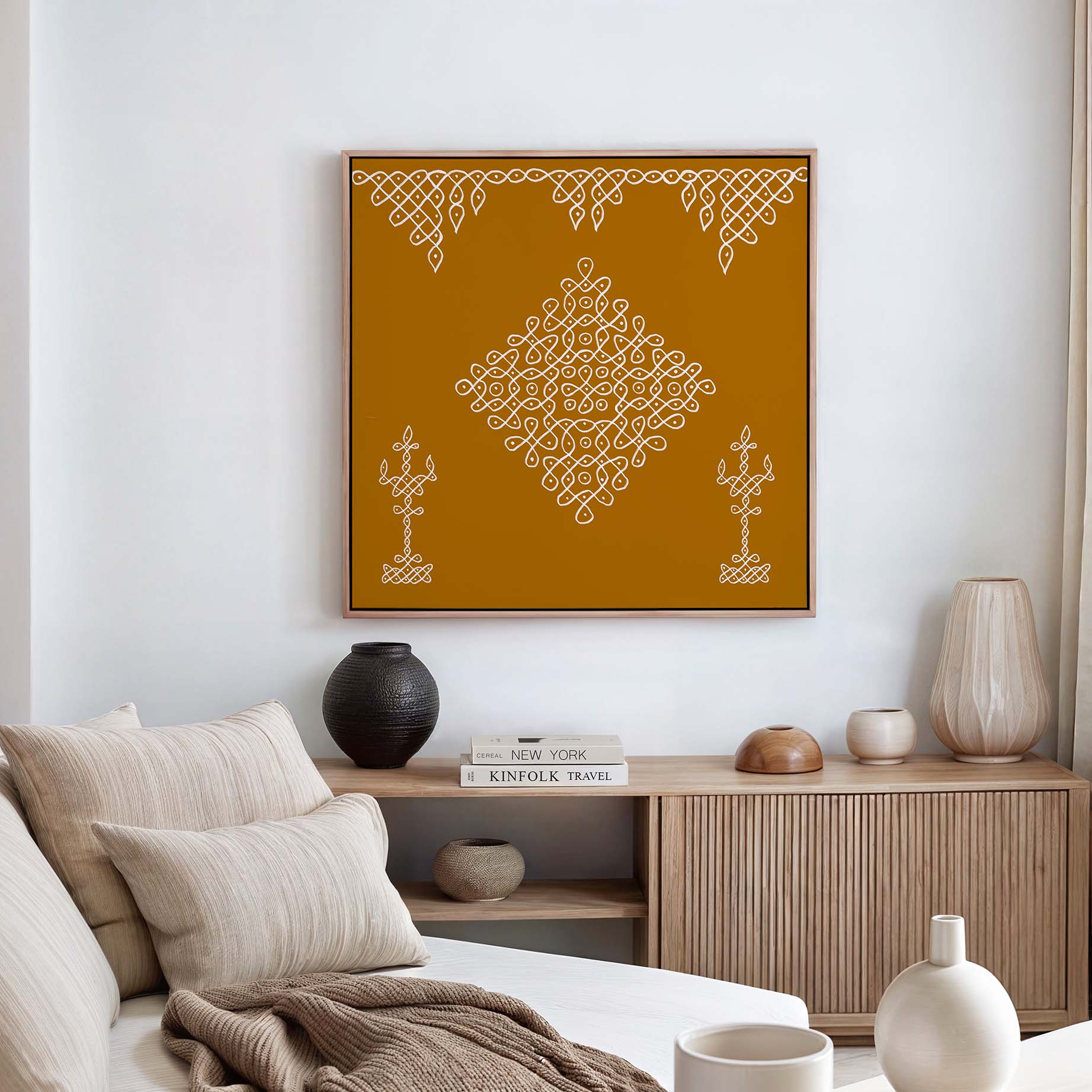 South Indian kolam wall art with traditional rangoli entrance pattern