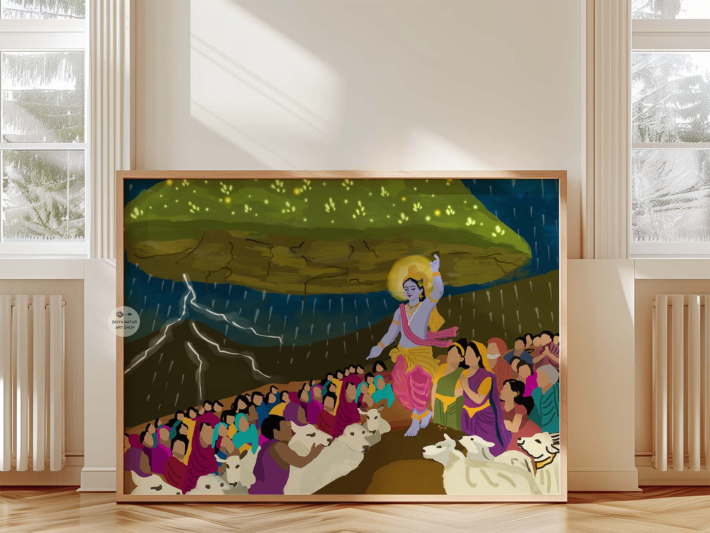 Colorful Govardhan Leela scene with Krishna, cows, and villagers in digital folk-art style