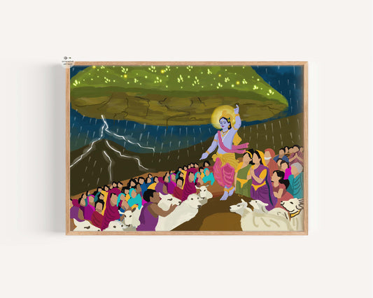 Lord Krishna digital artwork lifting Govardhan mountain with villagers and cows beneath for shelter