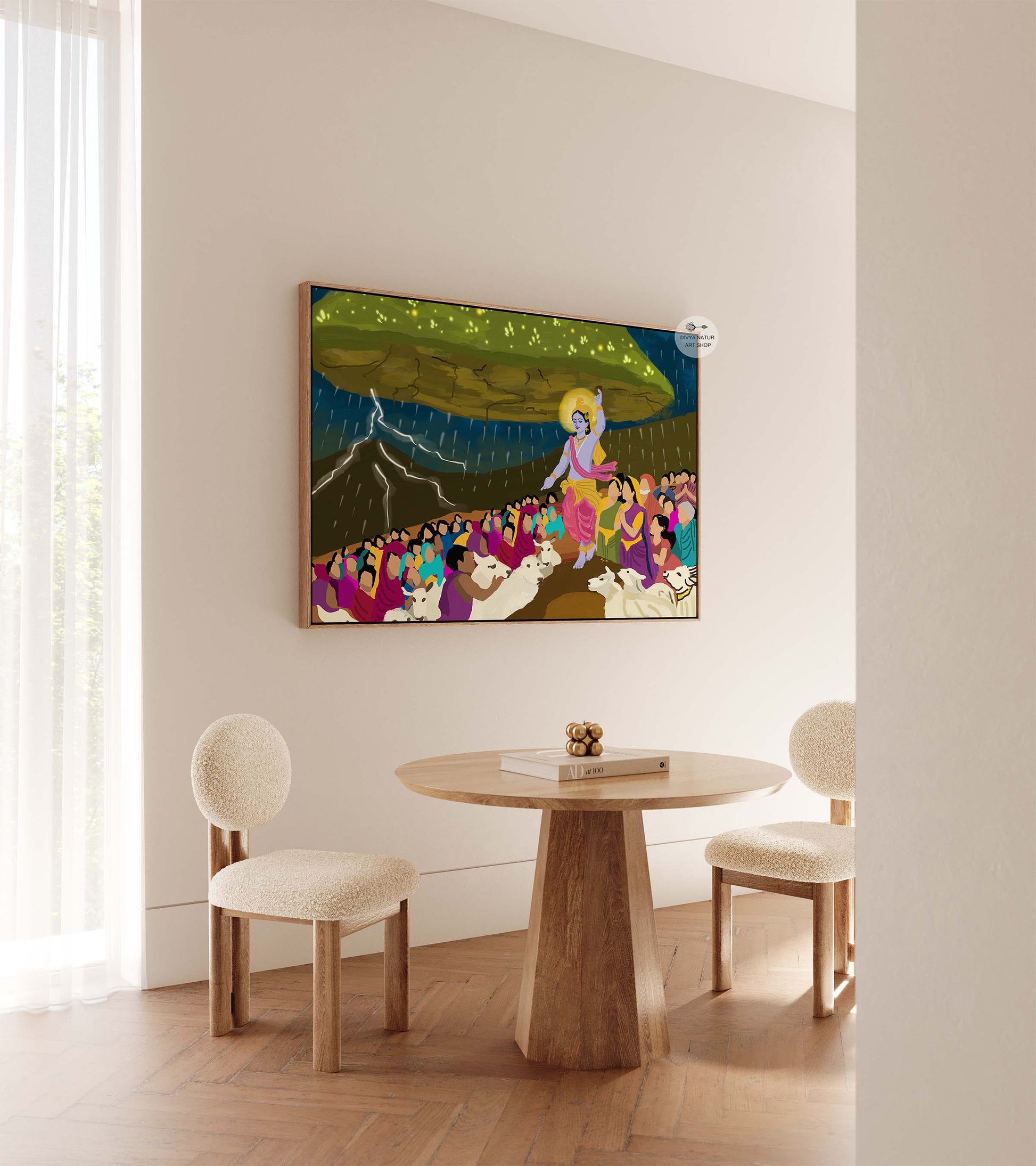 Vibrant Indian mythological art showing Krishna holding mountain to protect people from storm