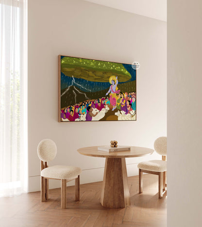 Vibrant Indian mythological art showing Krishna holding mountain to protect people from storm