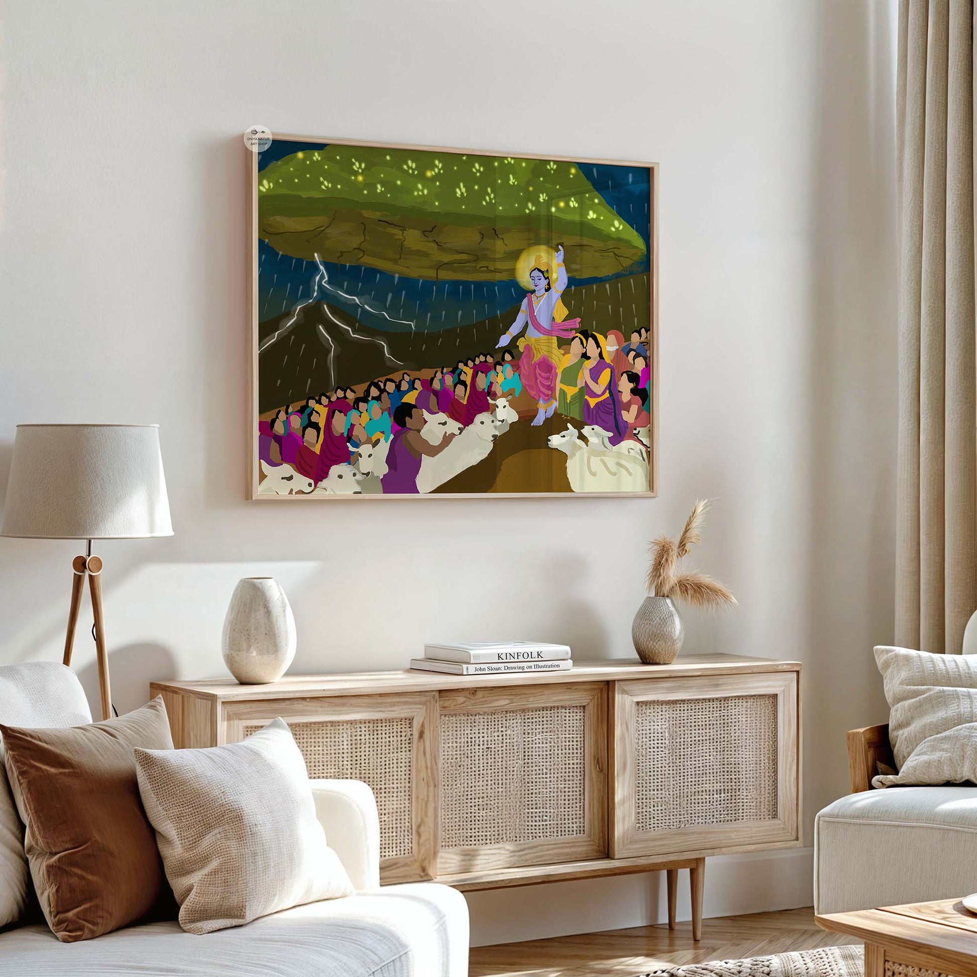 Hand-illustrated Krishna art with villagers gathered under mountain during storm