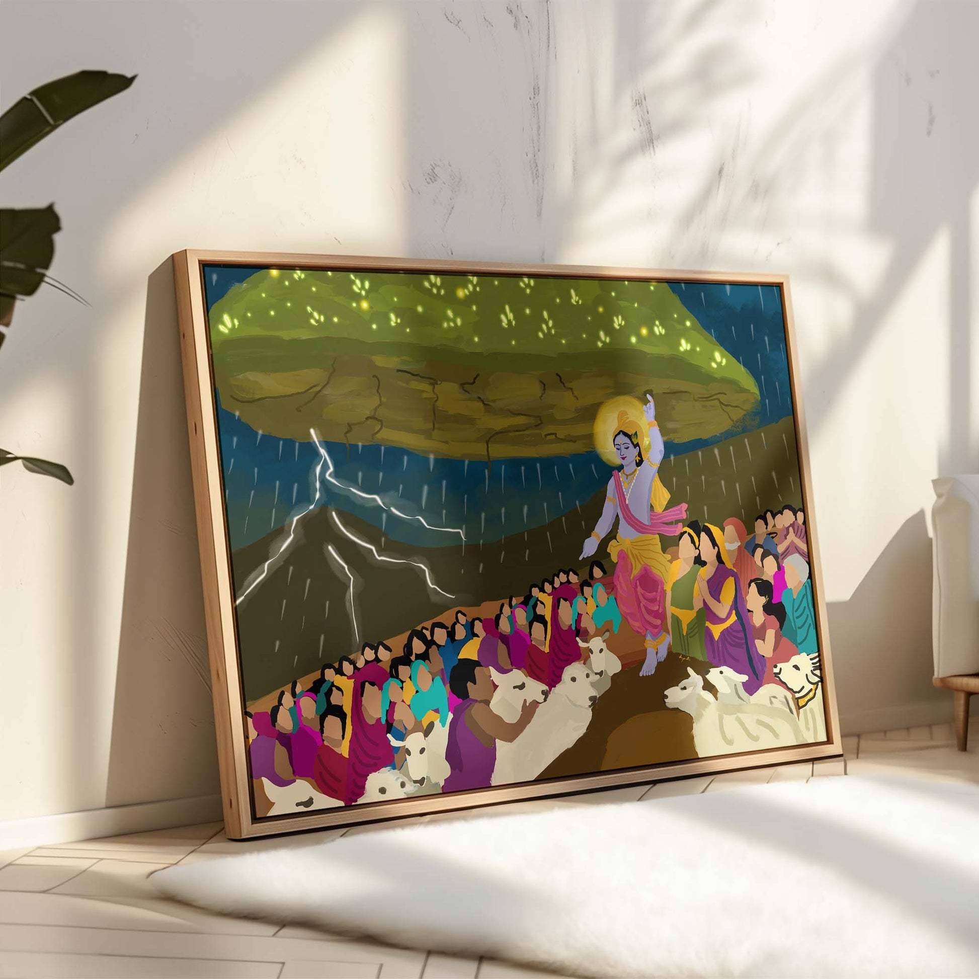 Govardhan lifting scene showing Krishna with halo and bright colors in Indian folk style