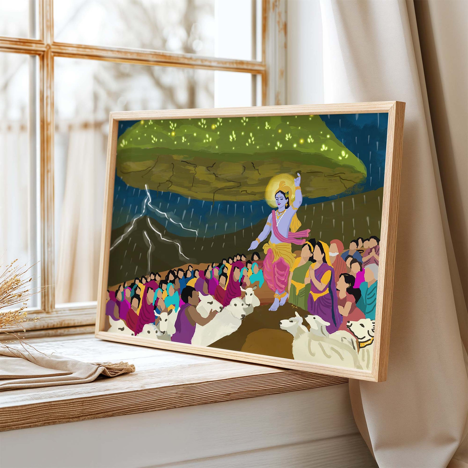 Devotional art print featuring Krishna, cows, and sheltering crowd during heavy rainfall