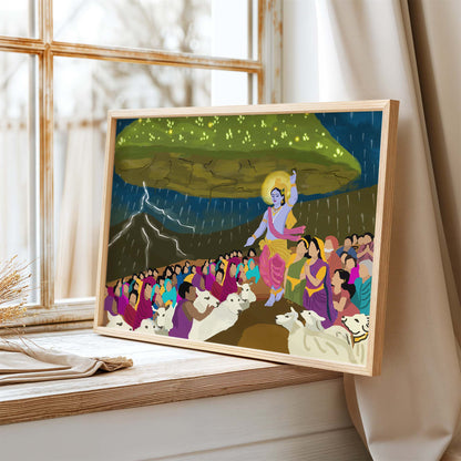 Devotional art print featuring Krishna, cows, and sheltering crowd during heavy rainfall