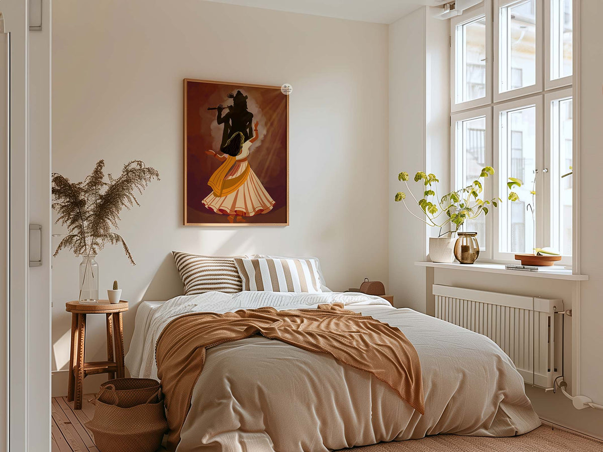 Spiritual Indian wall art with woman dancing before Lord Krishna's silhouette in rich rust, orange, cream and gold colors
