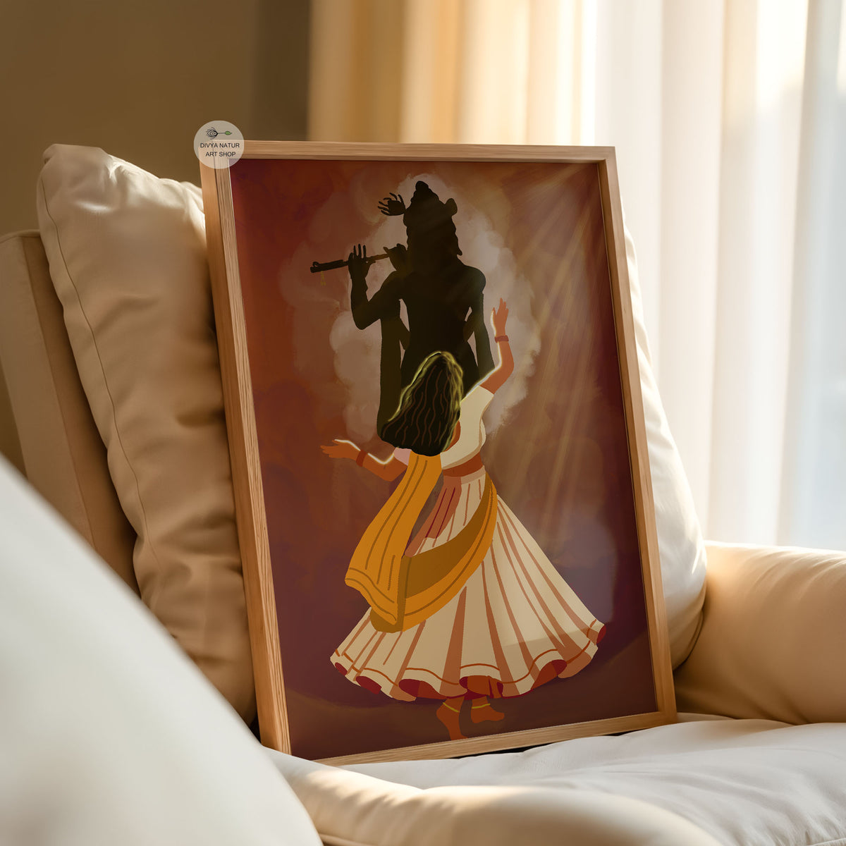 Krishna flute art depicting a devotee immersed in dance as radiant light surrounds the silhouette of Lord Krishna