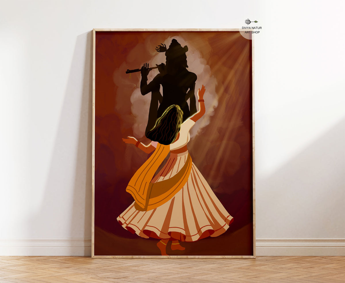 Krishna divine love wall art featuring a woman dancing toward the silhouette of Lord Krishna playing his flute