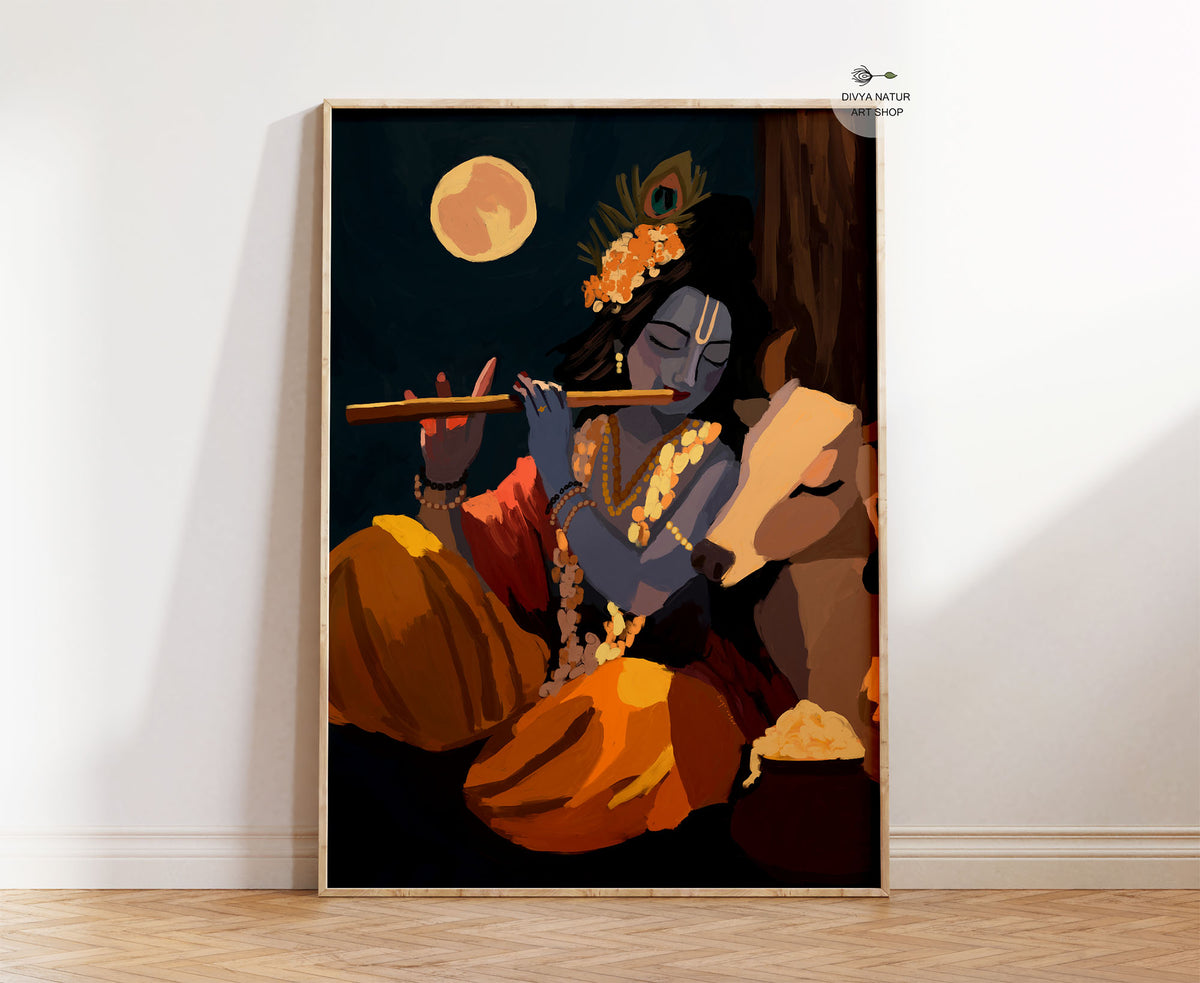 Lord Krishna playing his flute beside a peaceful cow under the glowing moon, Indian devotional art painting in rich blue, orange and gold tones