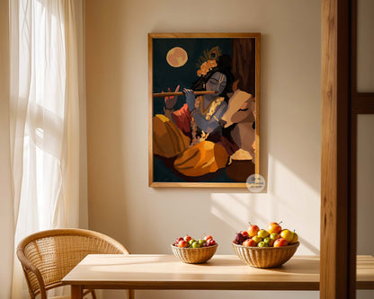 Krishna with cow art painting featuring Lord Krishna playing the flute beneath the moon with a peacock feather, flower garlands and traditional jewelry