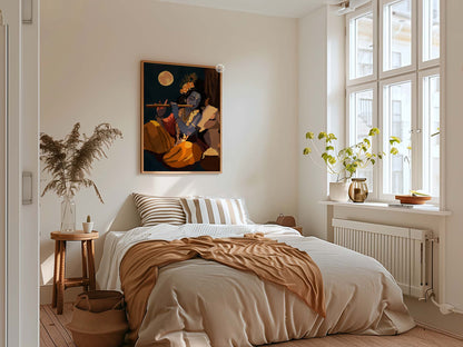 Indian Krishna wall art painting depicting Lord Krishna resting beneath a tree and playing his flute with a gentle cow beside him