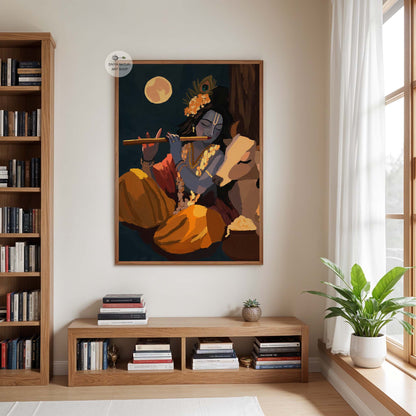Lord Krishna flute art painting with a sacred cow, glowing moon, peacock feather and saffron clothing against a dramatic dark background