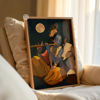 Krishna and cow devotional art painting inspired by Vrindavan, featuring deep blue, warm orange, golden yellow and earthy brown tones