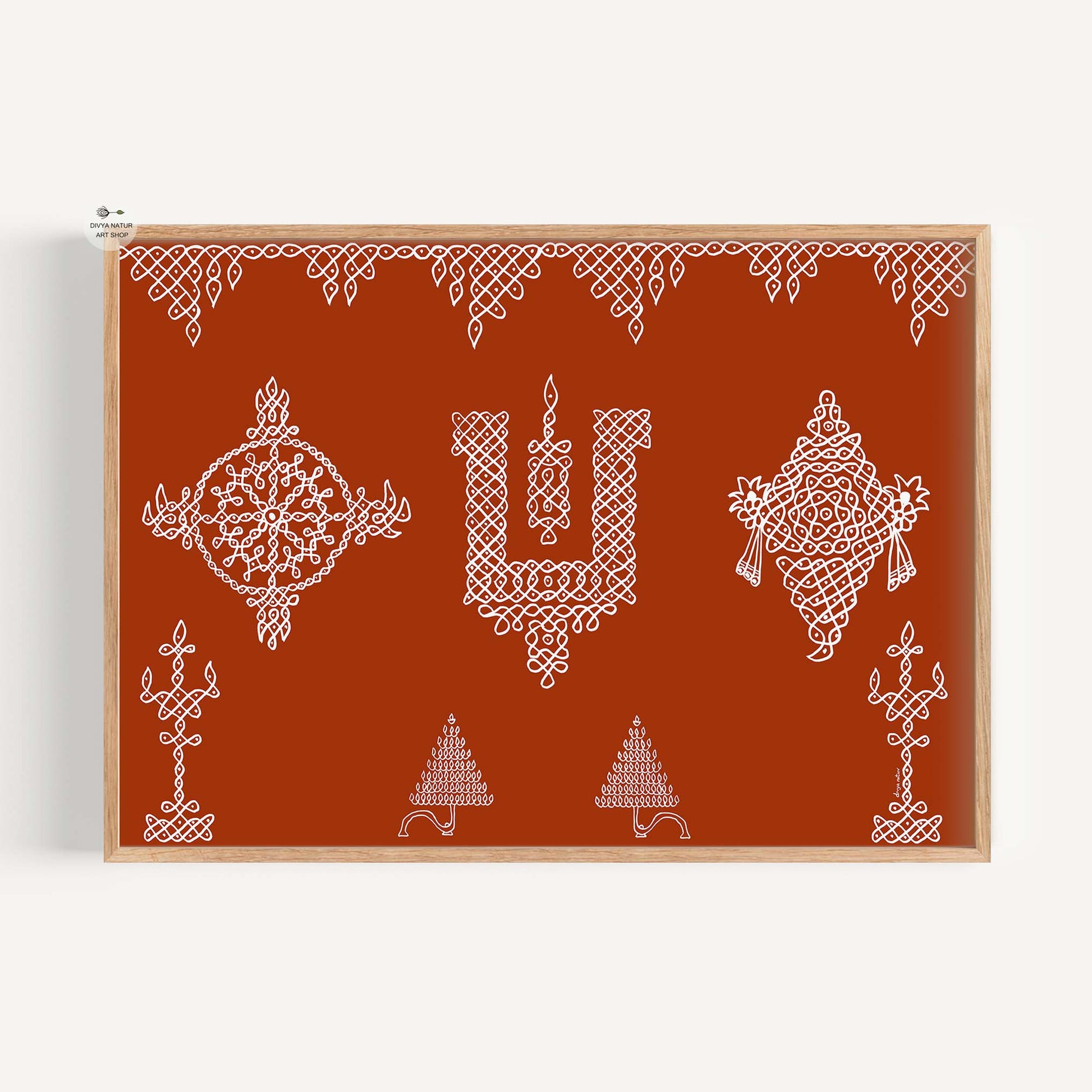 Shanku Chakra kolam rangoli wall art inspired by Vishnu on terracotta background