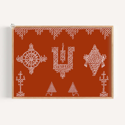 Shanku Chakra kolam rangoli wall art inspired by Vishnu on terracotta background