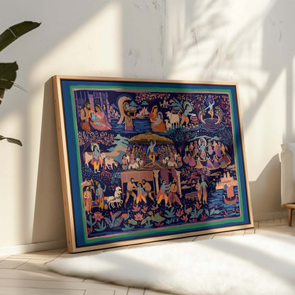 Lord Krishna life story wall art featuring his birth, Vrindavan childhood, Raas Leela, Kaliya Mardana, Kamsa's defeat, and Dwaraka.