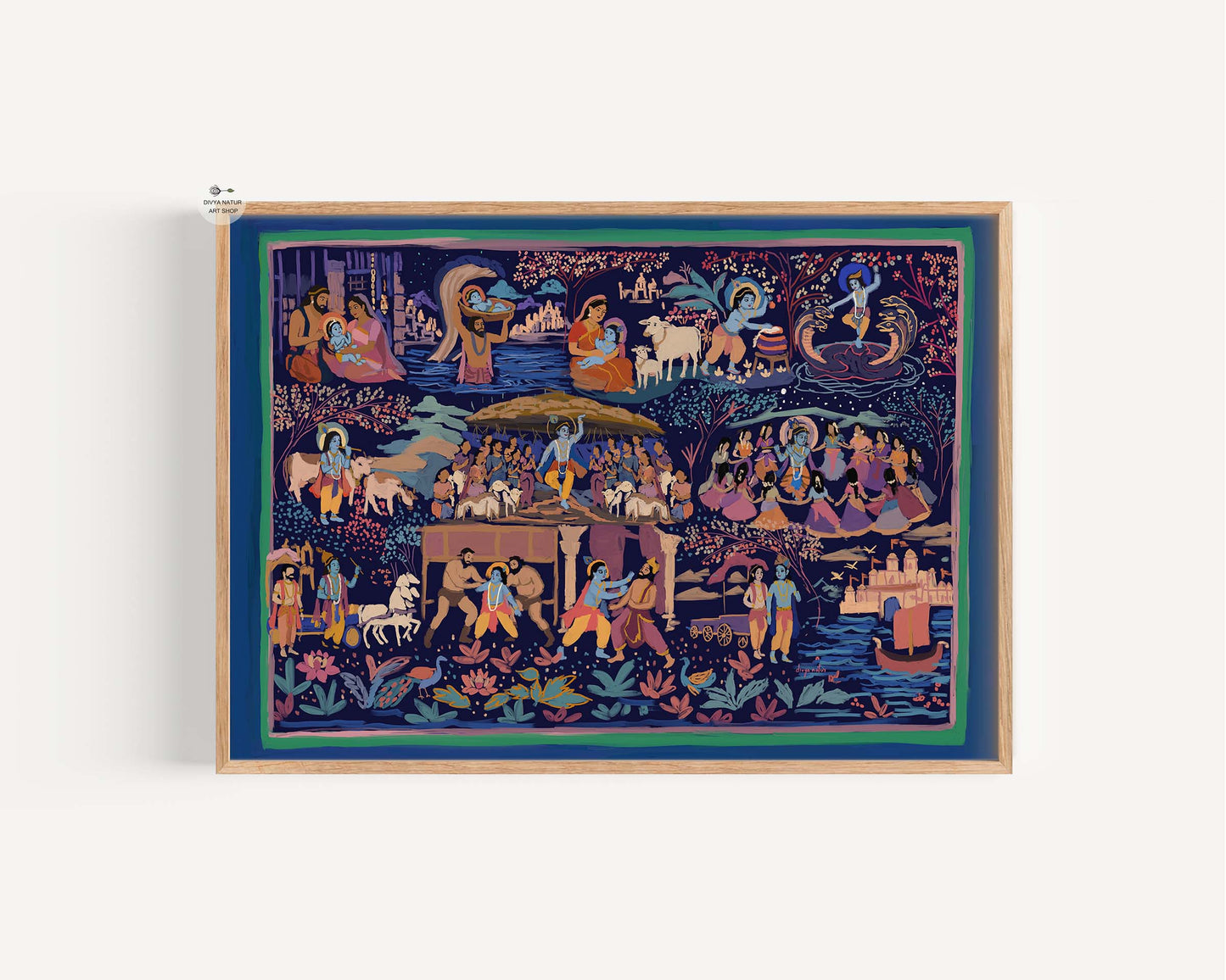 Indian mythology painting of Lord Krishna's life journey from Mathura to Dwaraka in a vibrant continuous narrative composition.